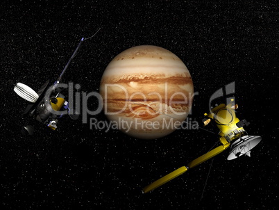 Galileo and Cassini spacecraft next to Jupiter - 3D render