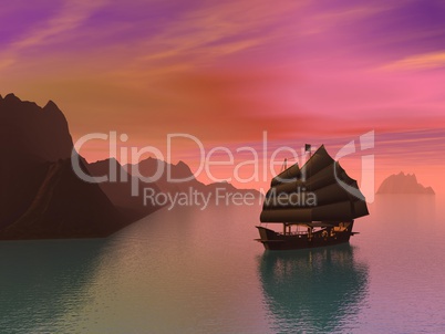 Oriental junk boat - 3D render