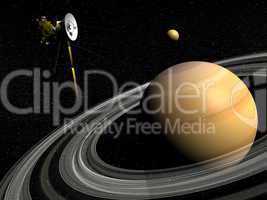 Cassini spacecraft near Saturn and titan satellite - 3D render
