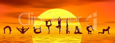 Yoga asanas by sunset - 3D render