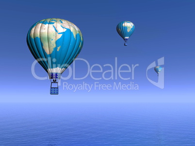 Hot air balloons with earth map - 3D render