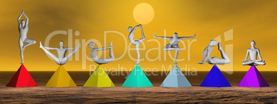 Yoga on chakra pyramids - 3D render