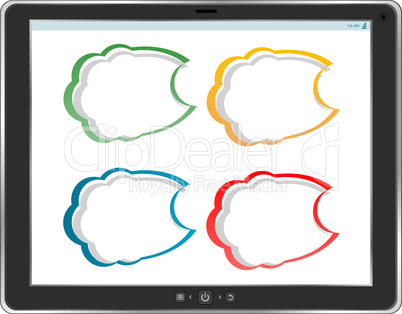 Tablet PC with cloud of application icons isolated on white background