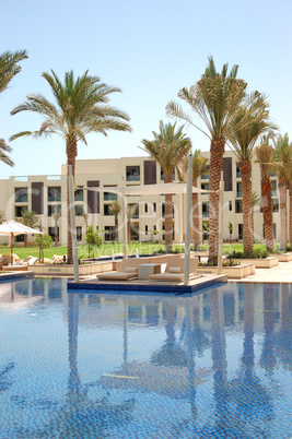 Hut at swimming pool of the luxury hotel, Saadiyat island, Abu D