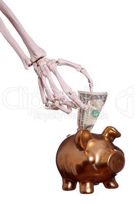 skeleton hand with dollar and piggybank