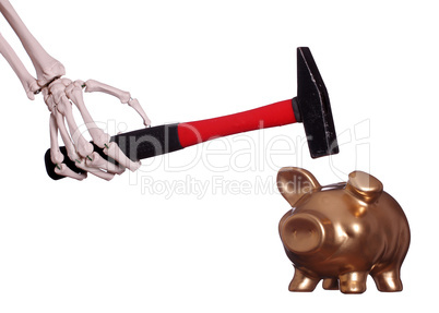 skeleton hand with hammer and golden piggybank