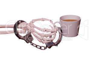 captured coffee with handcuff on skeleton hand