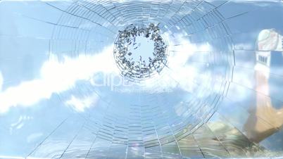 Shattered window glass with slow motion and blue sky. Alpha is included