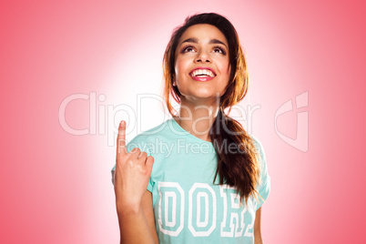 woman looking and point up with a smile