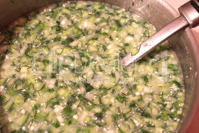 dish of fresh okroshka with spoon