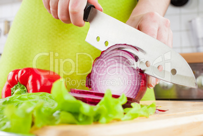 Woman's hands cutting bulb onion