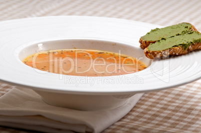 Italian minestrone soup with pesto crostini on side