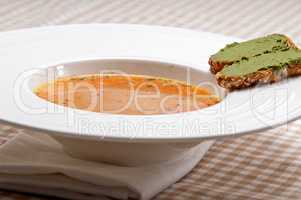 Italian minestrone soup with pesto crostini on side