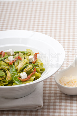 Italian penne pasta with sundried tomato and basil