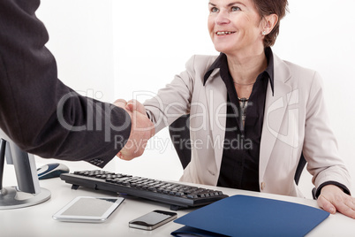 Businesswoman with briefcase man shakes the hand