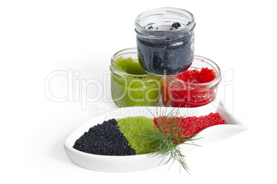 CAVIAR IN THE OPEN GLASS CONTAINERS