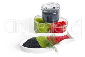 CAVIAR IN THE OPEN GLASS CONTAINERS
