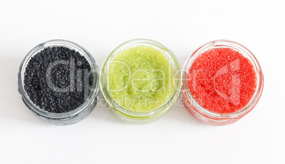 FISH CAVIAR IN THE OPEN GLASS CONTAINERS