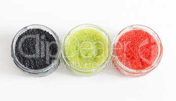 FISH CAVIAR IN THE OPEN GLASS CONTAINERS