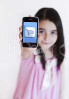 Little girl with modern touch blue screen phone