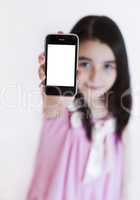 Little girl with modern touch white screen phone