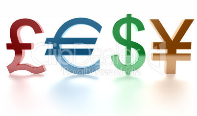 Pound, euro, dollar, yen. Signs. 3d