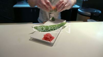 Presentation Of Salmon Sushi Roll.