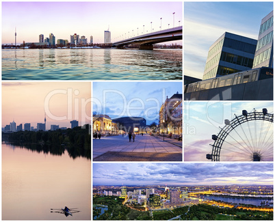 Collage of the modern way of Vienna at dusk.