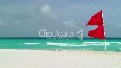 Red Flag Waving on Tropical Beach