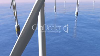flying over wind turbines in the ocean