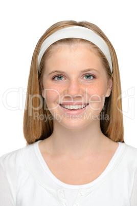 Happy young blonde girl smiling clean skin