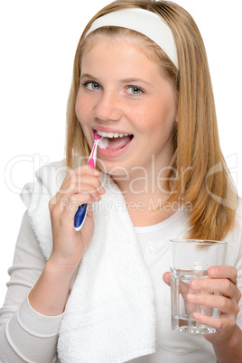 Happy teenage girl brushing teeth toothbrush dental