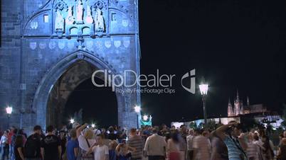 Crowd moving fast infront of the Old Town Bridge Tower,Prague,Czech Republic