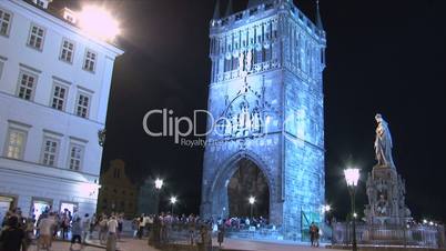 Crowd moving fast infront of the Old Town Bridge Tower,Prague,Czech Republic