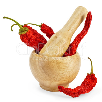 Dry chilli pepper in a mortar