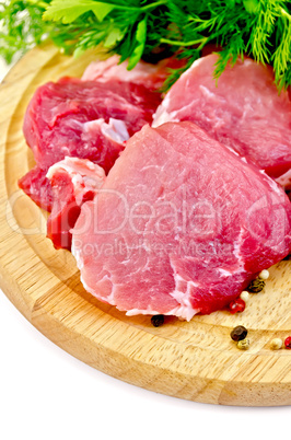 Meat slices on a round plate with greens