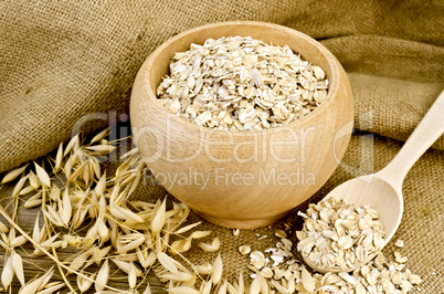 oat flakes in a bowl with a spoon on sacking