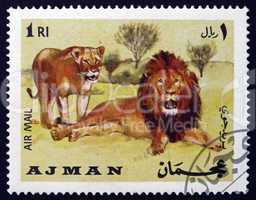 postage stamp ajman 1969 african lion, panthera leo, animal