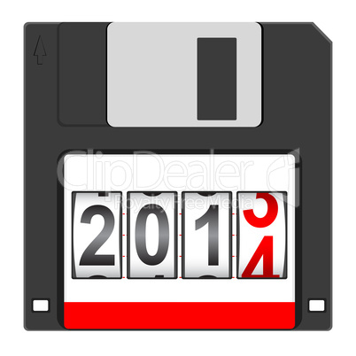 Old floppy disc for computer data storage with 2014 New Year co