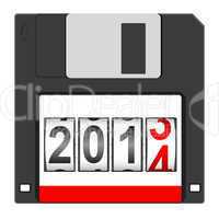 Old floppy disc for computer data storage with 2014 New Year co