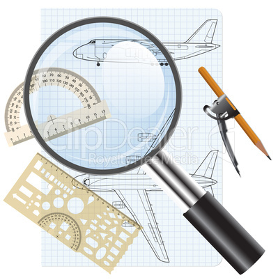 Magnifying glass icon, drawing   aircraft. Vector illustration.