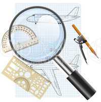 Magnifying glass icon, drawing   aircraft. Vector illustration.