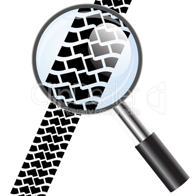 Magnifying glass icon, trail tires. Vector illustration.