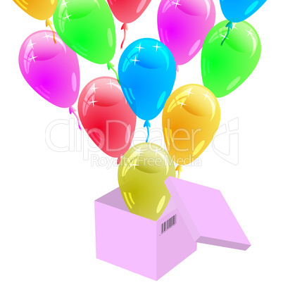 Glossy multicolored balloons flying out of the cardboard box. Ve