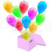 Glossy multicolored balloons flying out of the cardboard box. Ve