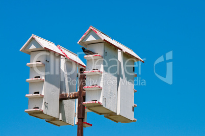 Up-close shot of bird houses