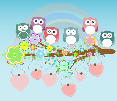 owls birds and love heart tree branch