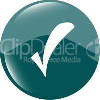 Green glossy web button with check mark sign. Rounded square shape icon