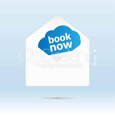 cover with book now text on blue cloud
