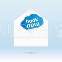 cover with book now text on blue cloud